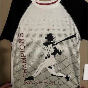 Boys size medium baseball shirt; black, red, gray, and white.